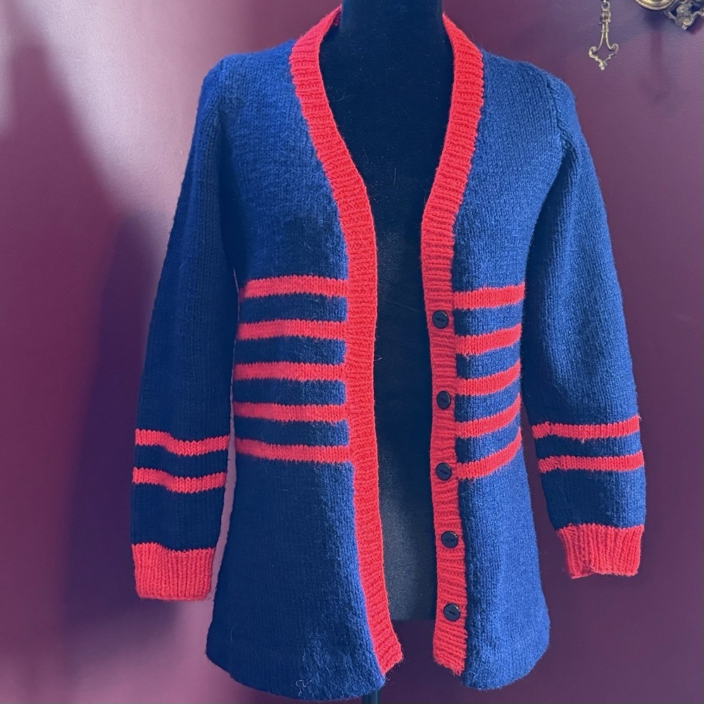VTG 1960s 60s MCM Homemade Knit Cardigan Sweater Navy Blue Red Stripe Women Sz M
